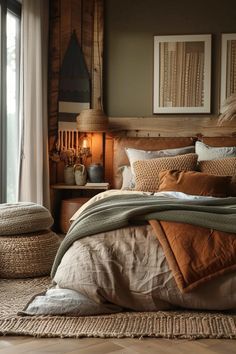 #girlsroom #bedroomideas #dormdecor #bohobedroom #bohochic #homedecortips Earth Color Bedroom Ideas, Outdoorsy Guest Bedroom, B&b Bedroom Ideas, Earth Tone Bedding Bedroom Ideas, Boho Colors Bedroom, Terracotta Bedroom Aesthetic, Livingroom Color Ideas, Earth Tones Bedding, Bed Styling Color Schemes