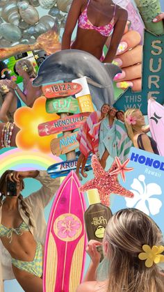 a collage of women in bikinis, surfboards and other things on the beach