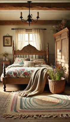 a bedroom with a bed, dresser and rug