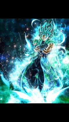 the dragon ball character is standing in front of some blue and green stars with his arms outstretched