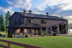 this is an artist's rendering of a modern farmhouse style home with large windows