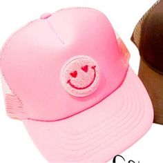 Cotton Candy Pink Smiley Trucker Hat Trendy Pink Brimmed Hat, Trendy Brimmed Summer Trucker Hat, Trendy Brimmed Trucker Hat For Summer, Trendy Pink Brimmed Mini Hats, Cute Summer Trucker Hat With Flat Brim, Cute Brimmed Trucker Hat, Cute Brimmed Trucker Hat One Size Fits Most, Cute Brimmed Trucker Hat, One Size Fits Most, Cute Flat Brim Hat One Size