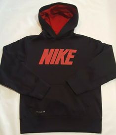 Nike Boys Therma-Fit Hooded Sweatshirt Black red Nike Logo Large Front Pocket Lined hood- Red Nike Hoodie With Letter Print, Nike Long Sleeve Hoodie With Logo Print, Nike Hoodie With Logo Print For Fall, Nike Red Sportswear Sweatshirt, Nike Red Fleece Hoodie, Nike Red Sweatshirt With Drawstring Hood, Red Nike Sweatshirt With Drawstring Hood, Nike Red Sporty Hoodie, Nike Red Crew Neck Hoodie