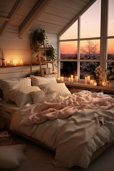 A small Scandinavian bedroom with a dreamy peach and ivory color scheme, featuring functional furniture, a loft bed with a plush blanket, landscape art, and warm pendant lighting, creating a relaxing and romantic atmosphere. Romantic Bedroom Design, Hygge Bedroom, Fancy Bedroom, Bedroom Ideas Romantic, Airy Bedroom, Window Treatments Living Room, Comfy Bedroom, Living Wall Decor