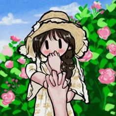 a drawing of a girl in a hat and dress holding her hands up to her face