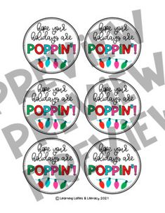 six round stickers with the words poppin'in different colors and font on them