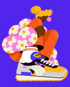 a woman sitting on top of a flower covered shoe