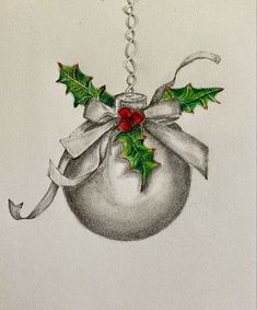 a drawing of a christmas ornament with holly