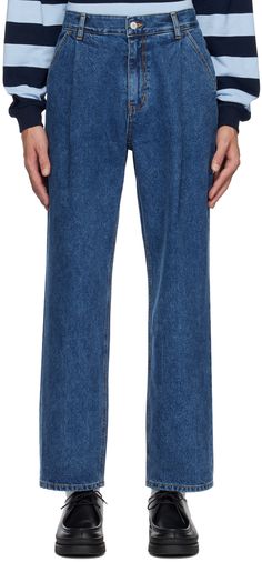 Wide-leg 12oz non-stretch denim jeans. Fading throughout. · Belt loops · Four-pocket styling · Zip-fly · Pleats at front waistband · Contrast stitching in tan Supplier color: Indigo washed Uniform Bridge, Pleated Jeans, Comfortable Jeans, Pocket Jeans, Contrast Stitch, Mens Trousers, Distressed Jeans, Denim Fashion, Stretch Denim