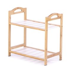 a wooden shelf with two shelves on each side