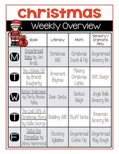 the christmas weekly overview for students to use in their homes and classroom activities, including books