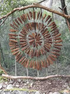 a large metal sculpture in the middle of a forest with lots of sticks sticking out of it