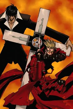 two anime characters with swords in their hands, one holding the other's head