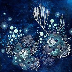 an abstract painting with blue and white flowers on a black background, surrounded by bubbles