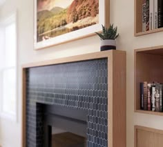 a living room with a fire place and bookshelves on the wall next to it