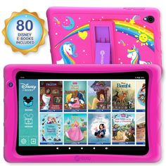 the pink tablet has pictures of princesses and unicorns on it