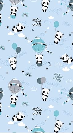 pandas are flying in the sky with balloons and kites on blue background for children's wallpaper