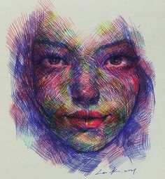 a drawing of a woman's face with colored lines on the upper half of her face