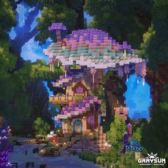 an image of a tree house in the middle of some trees with purple flowers on it