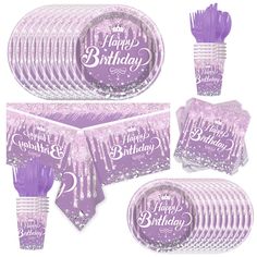 purple birthday party supplies including plates, napkins and cups