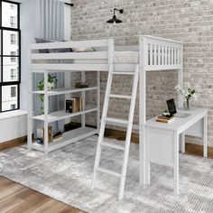 there is a loft bed with a desk and bookshelf in the room next to it