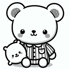 a black and white drawing of a teddy bear holding a small stuffed animal in it's arms