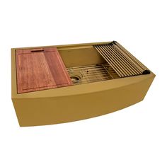 a kitchen sink that is made out of wood and has a wooden cutting board in the middle