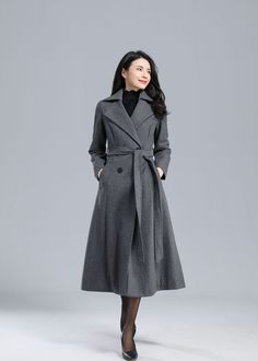 "★★ FEATURES 50% wool blend, 50% fiber, nylon Polyester lining Notched collar Long sleeve Double breasted Two side pockets Fabric belt Fit and flare Regular fit Perfect for winter, autumn Fabric swatch https://etsy.me/3yprD9Q Size Chart https://etsy.me/3skS1Aq ★★Mode size Height 170cm (5′ 7″) Bust 84 cm (33\") Waist 66 cm (26\") She wears size XS. ★★ Custom order selection, Will charge 20USD-70USD custom fees Request other color Request Chang the Length Request Chang the sleeve length Your heigh Gray Wool Coat For Spring, Gray Long Sleeve Wool Coat For Spring, Plain Gray Fall Outerwear, Elegant Plain Outerwear For Fall, Gray Long Winter Outerwear, Long Gray Winter Outerwear, Elegant Gray Wool Coat For Office, Gray Wool Long Sleeve Coat For Office, Elegant Gray Wool Coat With Pockets