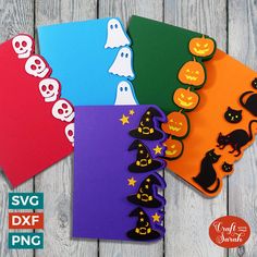 three halloween cards with pumpkins, ghostes and cats on them are sitting next to each other