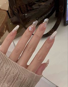 Long Nails Trend, Asian French Tip Nails, Douyin Acrylic Nails, Douyin Nails Charms, French Tip Douyin Nails, Korean Ballerina Nails, Chinese Nail Trends, Quince Nails Almond Shape, Korean Coffin Acrylic Nails