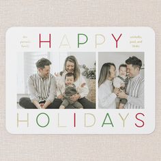 a holiday card with three photos and the words happy holidays written in red, green and white