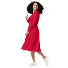 Meet your new favorite red dress! Its soft fabric and flattering cut will ensure you feel comfortable and feminine all day long. Plus, the fitted waist and flared bottom part of the dress will accentuate the wearer's naturally beautiful silhouette. The best part about the dress? It. Has. Pockets.   * 95% polyester, 5% elastane (fabric composition may vary by 1%)  * Fabric weight: 6.19 oz/yd2 (210 g/m2) (weight may vary by 5%)  * Premium knit mid-weight jersey fabric  * Midi length  * Long sleeve Red A-line Christmas Dress, Red A-line Midi Dress For Winter, Fitted Midi Dress For Christmas, Knee-length Christmas Midi Dress, Fitted Midi Dress For Winter Holiday, Fitted Winter Holiday Midi Dress, Long Sleeve Midi Dress For Holidays, Fitted Midi Length Christmas Dress, Fitted Midi Christmas Dress