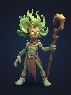 an animated character with green hair holding a large hammer and looking at the camera while standing in front of a dark background