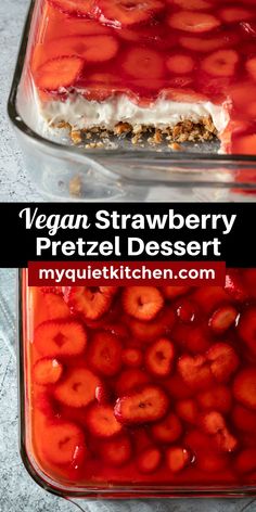 a close up of a dessert in a glass dish with strawberries on the bottom