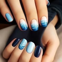 10 Trendy Blue Nail Design Ideas That are Simple to Recreate Alaska Nails Designs, Simple Gel Nail Art, Caribbean Nails Designs, Whale Nails, Nails Beach Design, Alaska Nails, Waves Nail Art, Nails For The Beach, Ocean Nail Ideas