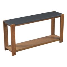 a wooden table with a black top and shelf