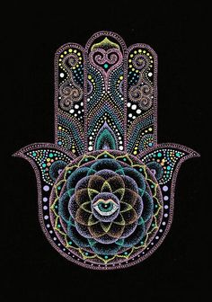 a hamsa with an intricate design on it's hand and the center surrounded by dots