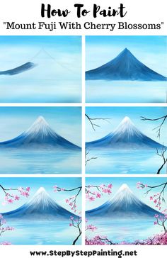 step by step instructions to paint the mount fuji with cherry blossoms