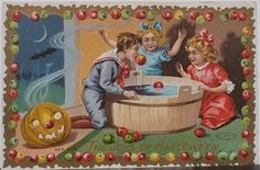 an old fashioned halloween postcard with children playing in a hot tub and pumpkins