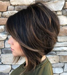 Angled Brown Balayage Bob Highlighted Layers, Brown Balayage Bob, Front Pieces, Popular Short Haircuts, Thick Coarse Hair, Balayage Bob, Framing Layers, Bob Hairstyles For Thick, Choppy Bob Hairstyles