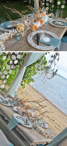 the table is set with plates and silverware for an elegant dinner on the beach