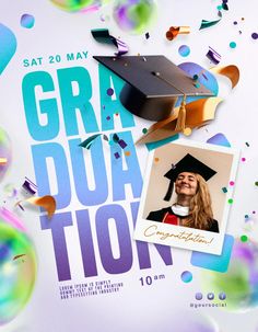 graduation party flyer with photo and confetti on white background for grad day