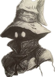 a black and white drawing of a person wearing a hat with two eyes on it