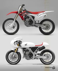 two different views of a red and white dirt bike with the front wheel turned sideways