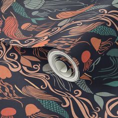 an image of a wallpaper with fish and waves on the surface in shades of blue, green, orange and pink