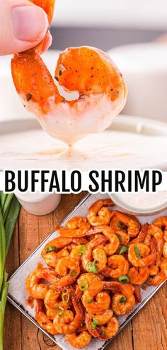 shrimp being scooped from a bowl with the words buffalo shrimp on top and in front of it