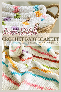 White crochet Linen Stitch baby blanket with colourful stripes in pink, aqua, yellow, green, orange and soft brown Light Yarn Crochet Patterns Free, Best Yarn For Baby Blanket, Crochet Easter Blanket, Gender Neutral Crochet Baby Blanket Free Pattern, Baby Girl Crochet Patterns Free Blanket, Crochet Pattern For Baby Blanket, Summer Crochet Blanket Patterns Free, Beginner Crochet Baby Blanket Easy, Small Baby Blanket Crochet Pattern Free