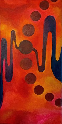 an abstract painting with circles and shapes on red, orange, black and yellow background