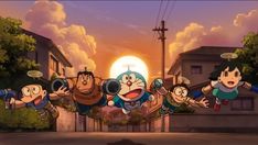 cartoon characters flying through the air in front of a setting sun with buildings and trees