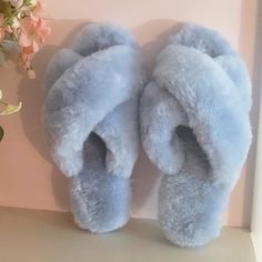 Beautiful Authentic Rjs Fuzzies Sheepskin Baby Blue Slipper. Genuine Sheepskin Leather Upper. Very Soft. Please Look At Pictures. Nwt. Blue Slippers Aesthetic, Light Blue Slippers, Blue Girly Things, Cute Winter Shoes, Cloud Room, Fairy Slippers, Blue Stuff, Blue Slippers, Blue Things